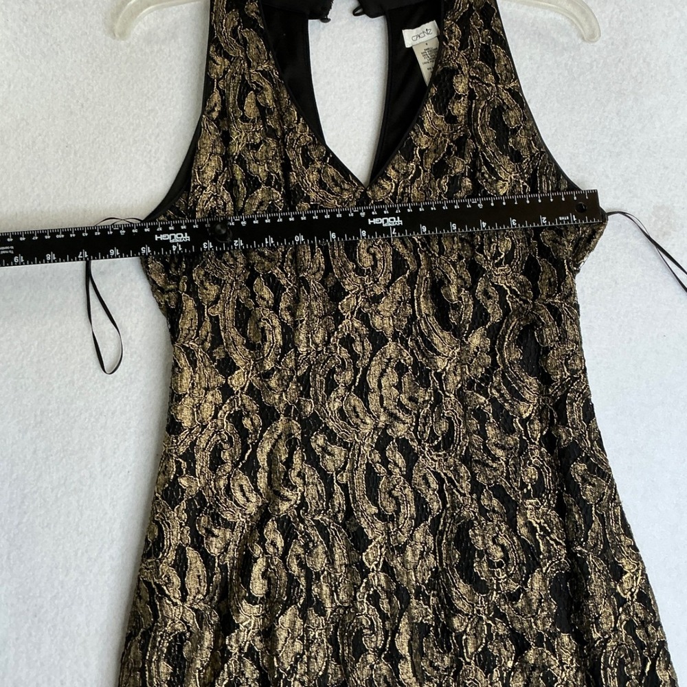 Cache Gold Metallic Lace Halter Dress Black Keyhole Back Cocktail Sheath Size 6 - Picture 4 of 5